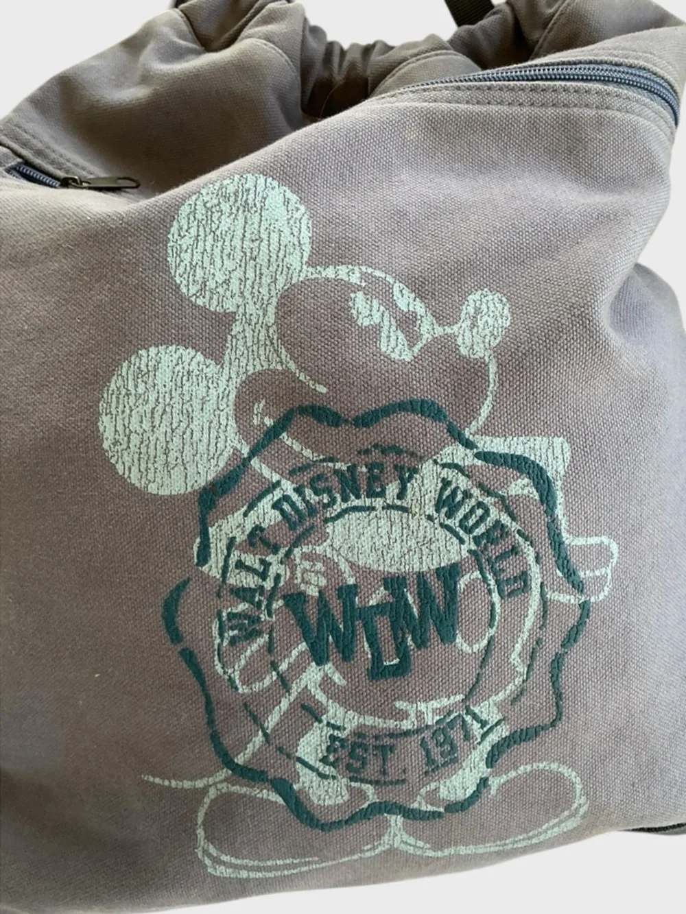 Disney World Backpack Distressed Denim Grey Drawstring Vintage Style Bag
